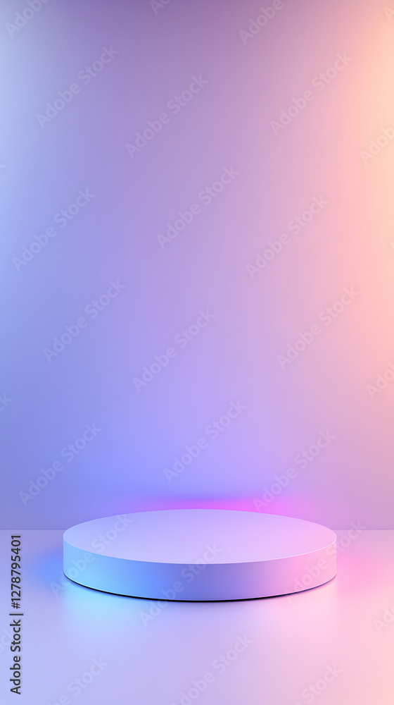 Poster a minimalist display platform with a circular base, illuminated by soft, colorful lighting. perfect 