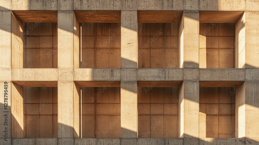 Poster flat lay of a raw concrete structure with a strong, geometric pattern and deep shadows.