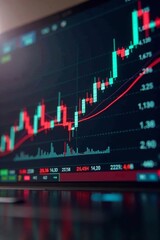 Candlestick graph chart with stock prices on a modern wooden background, finance, trend analysis