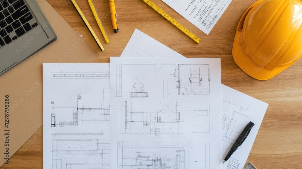 Poster flat lay of a well-structured desk with architecture-related documents, technical pens, and precisio