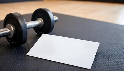 Blank business card on black mat with dumbbells, gym setting, emphasizing fitness and professional branding.