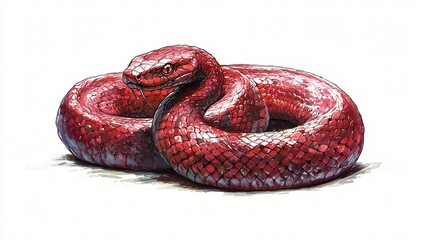 Fototapeta premium Red snake coiled, white background, wildlife illustration