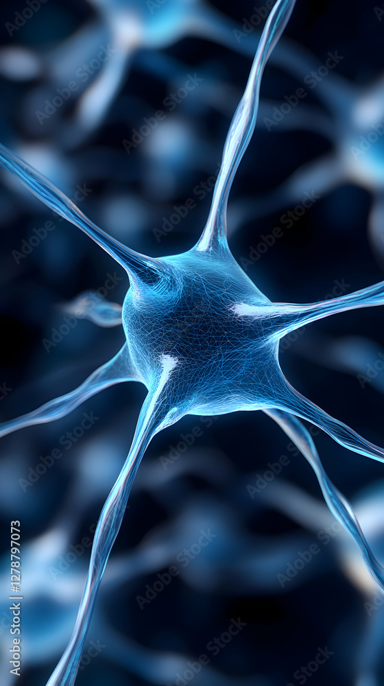 Poster a close-up view of a blue neuron showcasing its intricate structure. this image highlights the compl