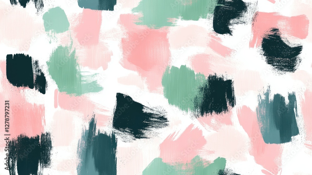 Poster explore a lively seamless spring pattern with soft pastel hues and abstract shapes, perfect for text