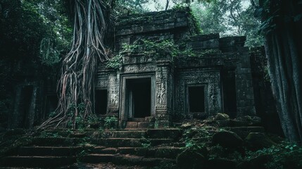 Ancient temple ruins surrounded by lush nature at golden hour in a serene landscape