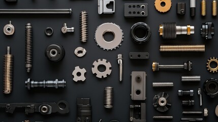 Flat lay of engineering and mechanical parts displayed on a dark background.