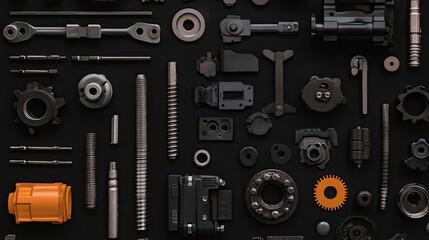 Flat lay of engineering and mechanical parts displayed on a dark background.