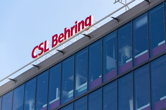 PRAGUE, CZECH REPUBLIC - OCTOBER 14 2017: CSL Behring biopharmaceutical company logo on headquarters building on October 14, 2017 in Prague, Czech Republic.