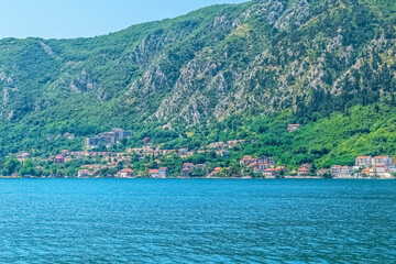 A scenic view of the coastal town from Kotor, Montenegro, located along the stunning Boka Kotorska...