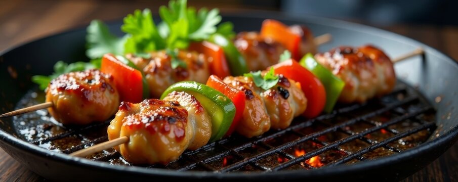 Close-up shot of juicy kyufta kebab and char-grilled vegetables on a grill pan , spice, vegetables