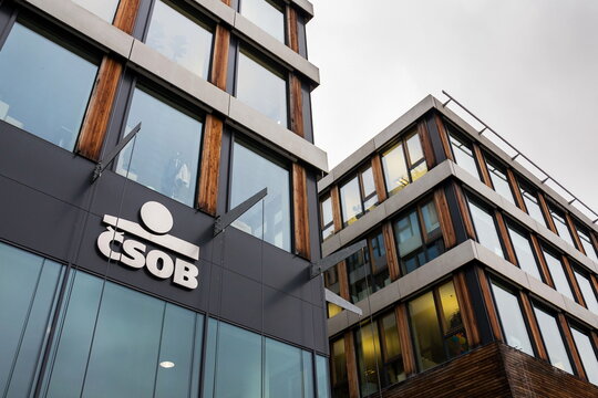 PRAGUE, CZECH REPUBLIC - NOVEMBER 23 2018: Ceskoslovenska obchodni banka CSOB banking and financial company logo on Czech headquarters building on November 23, 2018 in Prague, Czech Republic.