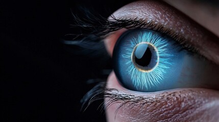 Fototapeta premium Close-Up of Human Eye with Vibrant Blue Iris and Detailed Pupil Surrounded by Black Background