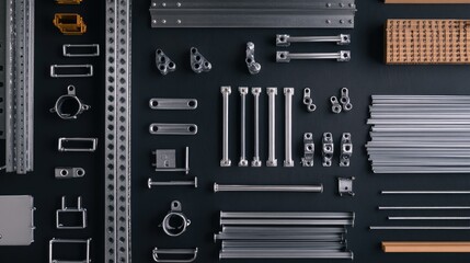 Flat lay of metallic scaffolding clamps and crossbars scattered across a table.