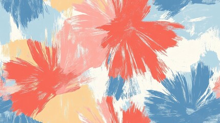Bright brush strokes create a lively spring floral pattern featuring bold colors, ideal for textiles, wallpaper, and seasonal decorations for spring and summer