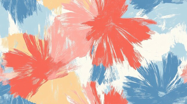 Bright brush strokes create a lively spring floral pattern featuring bold colors, ideal for textiles, wallpaper, and seasonal decorations for spring and summer