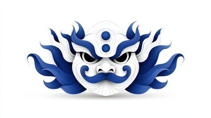 Obraz premium Detailed Artwork of Stylized Blue and White Mythical Mask with Dramatic Features and Flames