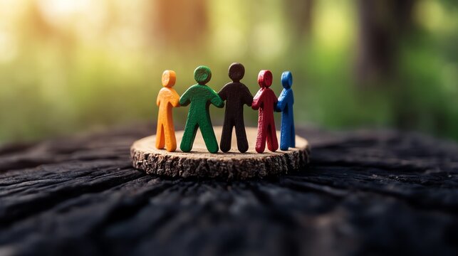 Diverse unity figures on tree stump outdoors.