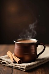 Fototapeta premium Aromatic Steaming Beverage in Rustic Copper Mug with Cinnamon Sticks on Soft Fabric