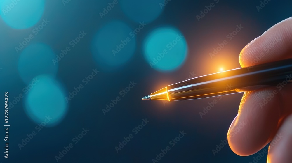 Poster a close-up of a hand holding a pen, illuminated by soft bokeh lighting, creating a modern and artist