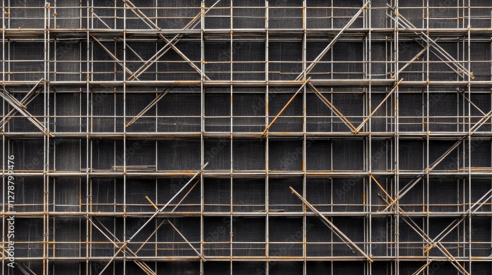 Poster flat lay of scaffolding cross beams and metallic joints forming an abstract industrial composition.