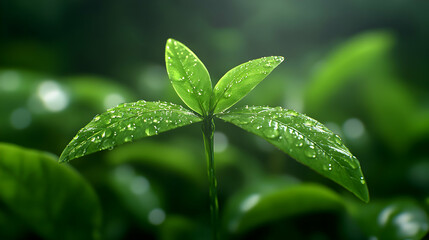 A close-up image of a vibrant green plant with dew-covered leaves, symbolizing freshness, growth, and nature