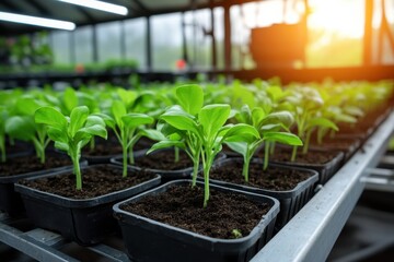Sun-kissed seedlings flourish in specially designed greenhouse beds, representing the synergy between sunlight, soil, and attentive cultivation for healthy plant growth.
