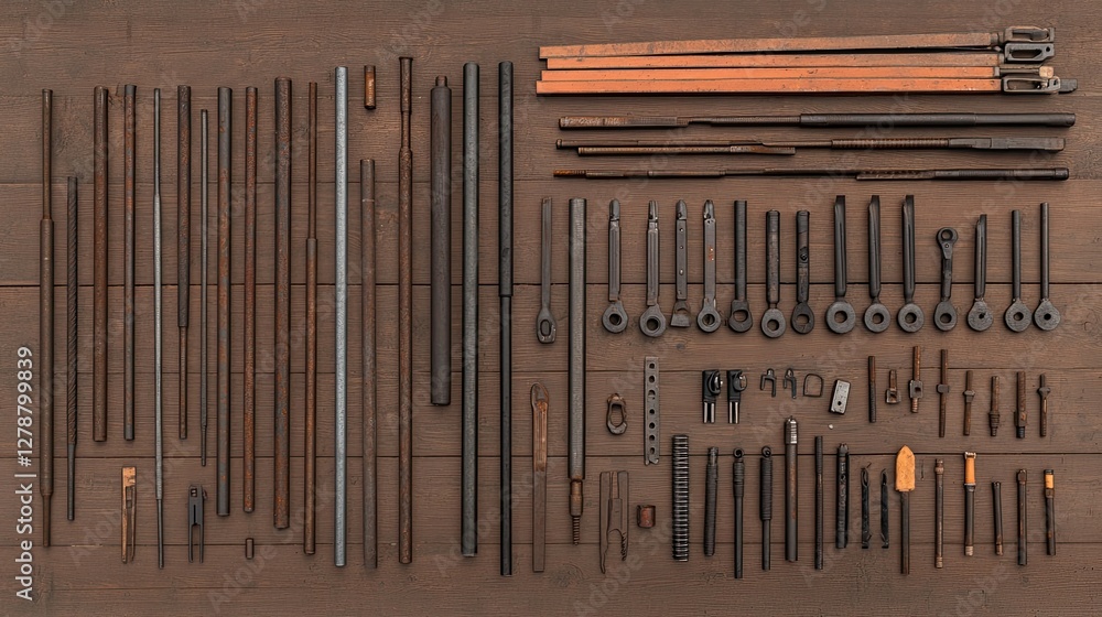 Poster flat lay of scaffolding pipes and connectors neatly placed on an industrial background.