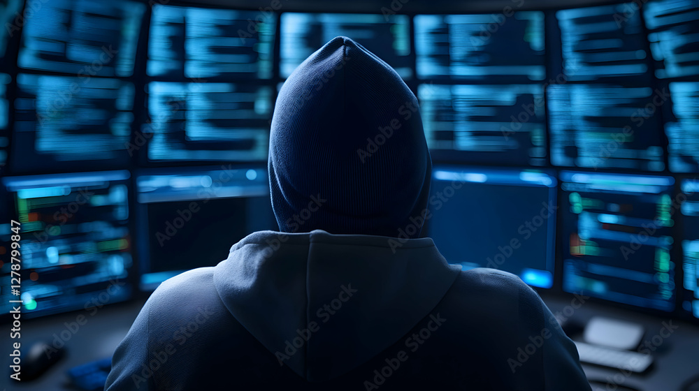 Poster a mysterious figure in a hooded sweatshirt sits in front of multiple computer screens, immersed in d