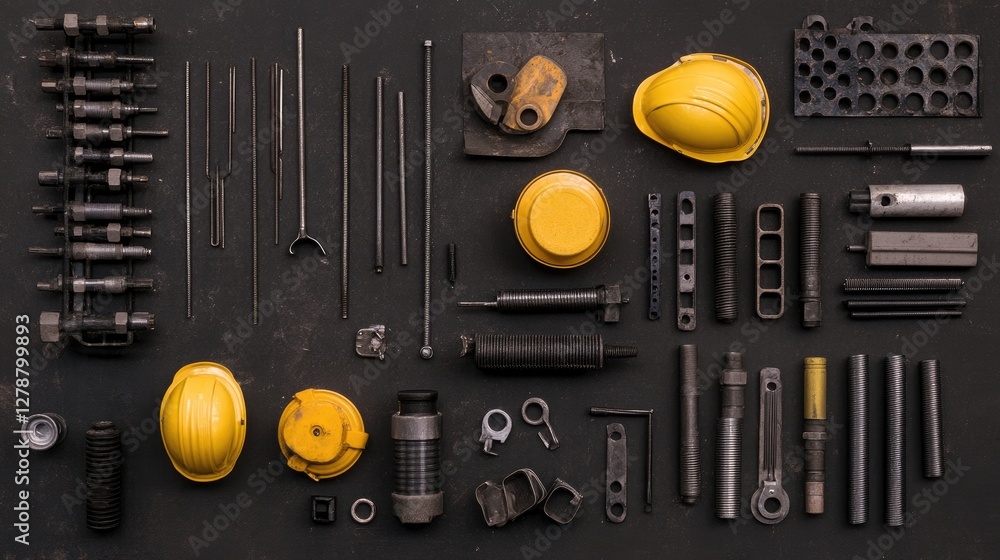 Poster flat lay of scaffolding pipes and connectors neatly placed on an industrial background.