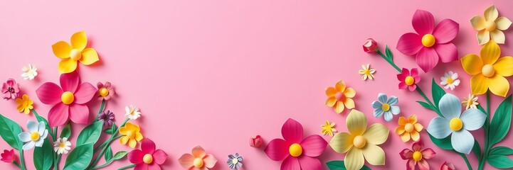 vibrant 3D paper cut style flowers in various colors arranged on a pink background, creative, summer, petals