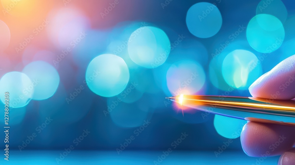 Poster a close-up of a hand holding a pen, with a colorful bokeh background creating a vibrant and artistic