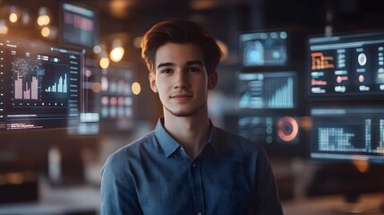 Confident young entrepreneur leading innovative AI powered business in futuristic high tech office