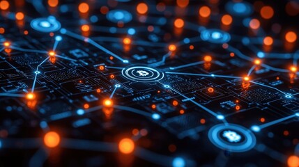 Digital Cryptocurrency Network with Glowing Nodes and Blockchain Connections