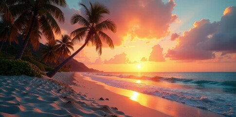 beach at sunset with palm trees and sandy shore, warm beach, ocean sunset
