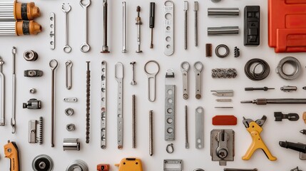 Flat lay of scaffold safety locks, metal joints, and support brackets on a white background.