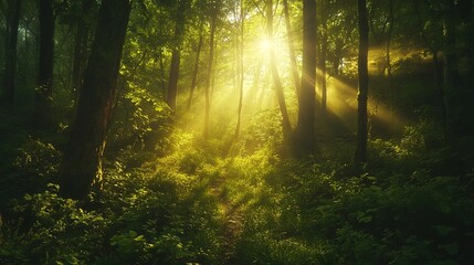 A lush, green forest with rays of sunlight filtering through the trees, creating an enchanting and serene atmosphere.