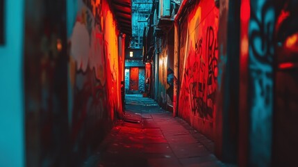 Fototapeta premium Vibrant alleyway illuminated by neon lights with a silhouette walking through urban street art at night