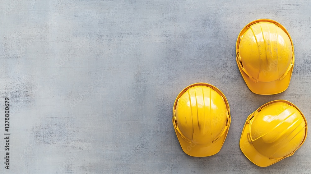 Poster flat lay of three yellow hard hats placed side by side on a metallic surface with copy space.