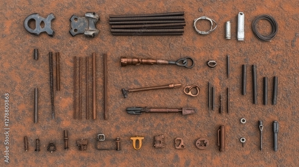 Poster flat lay of various scaffold couplers and clamps placed neatly on a textured surface.
