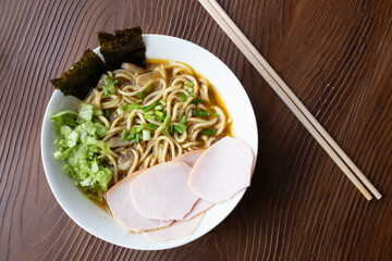 Asahikawa ramen in traditional bowl close up