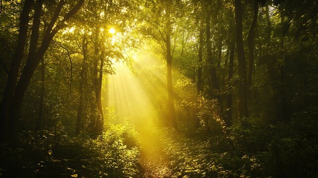 A lush, green forest with rays of sunlight filtering through the trees, creating an enchanting and serene atmosphere.