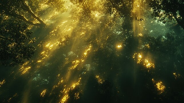A lush, green forest with rays of sunlight filtering through the trees, creating an enchanting and serene atmosphere.