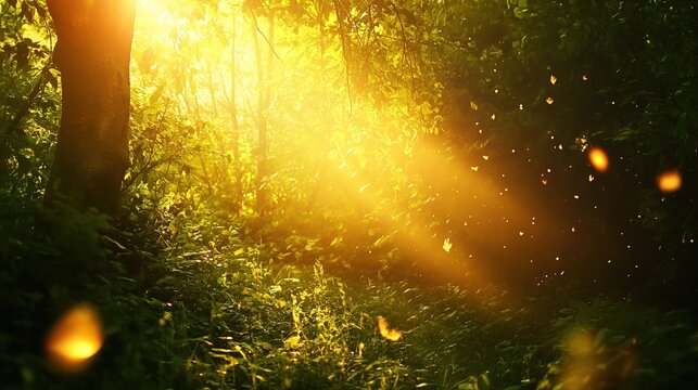 A lush, green forest with rays of sunlight filtering through the trees, creating an enchanting and serene atmosphere.