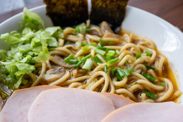 Asahikawa ramen in traditional bowl close up