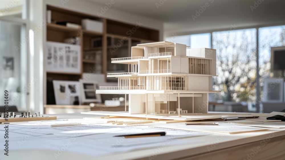 Aufkleber modern architectural workspace with a scale model of a building, technical drawings, and drafting to