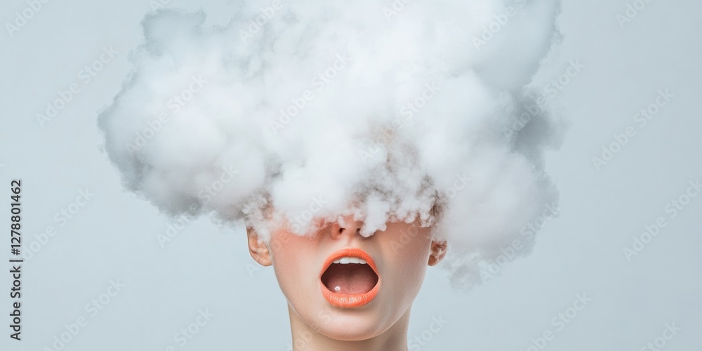 Poster surreal expression in studio clouds emanating from persons head against neutral background - editori