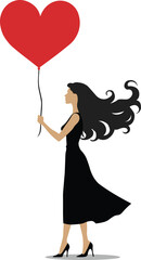 Vector illustration of a woman with a heart-shaped balloon on a romantic background
