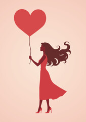 Vector illustration of a woman with a heart-shaped balloon on a romantic background
