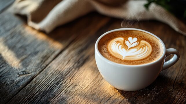 A steaming cup of cappuccino with latte art on a wooden table