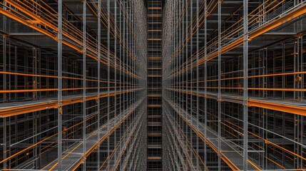 Fototapeta premium Top-down view of an intricate scaffolding system with metal poles and safety railings, forming an urban construction aesthetic.